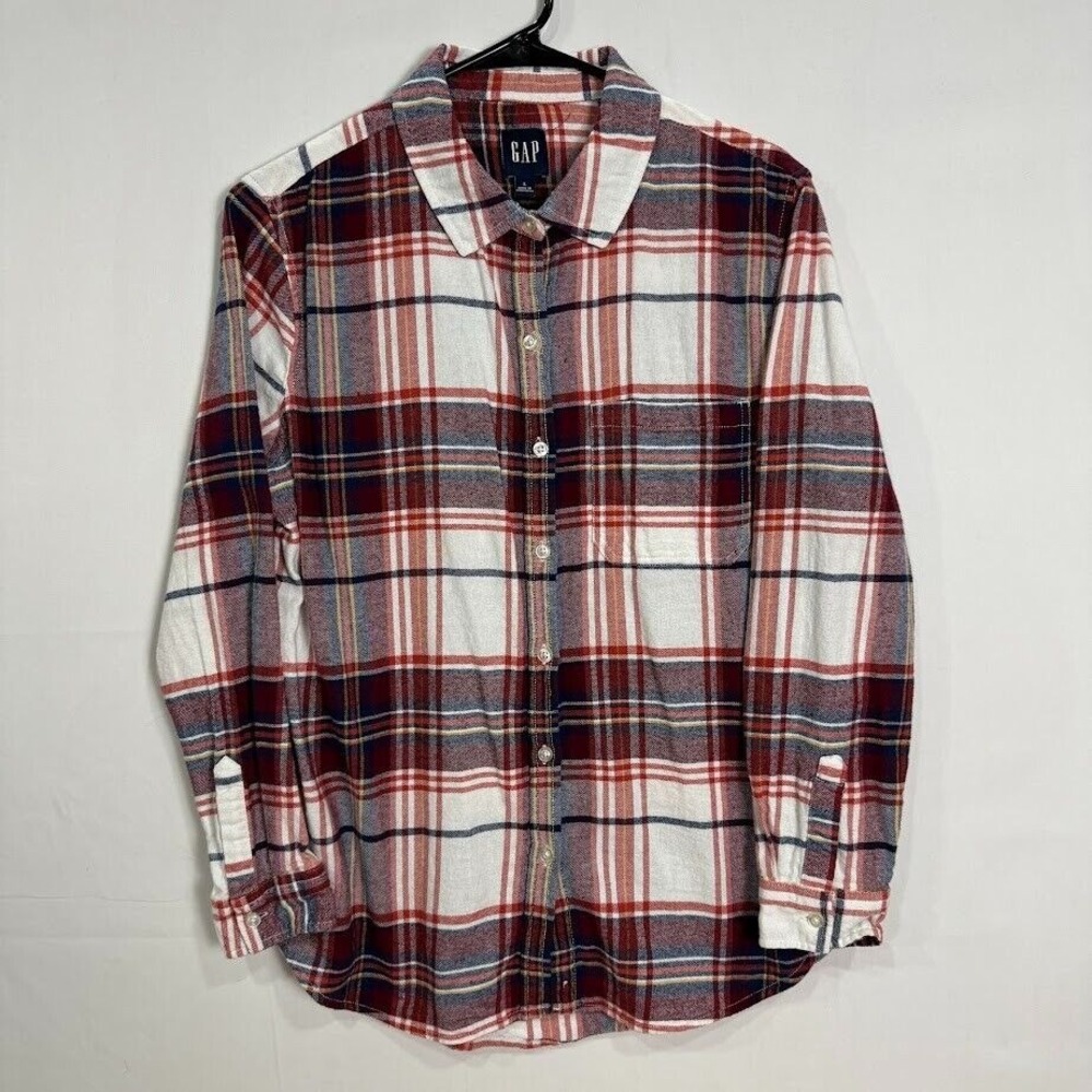 GAP‎ Men's L Plaid Flannel Button-Up Shirt Long Sleeve Cotton Red Blue